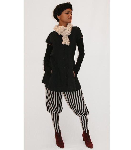 black dress with striped pants