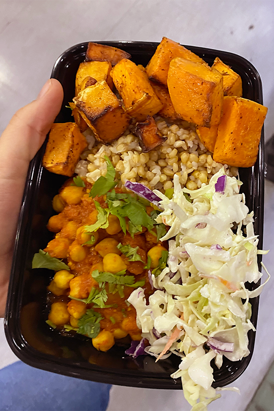 Chana masala power bowl with organic Hourani wheat berry, Indian stewed garbanzo beans, and cilantro-mint chutney