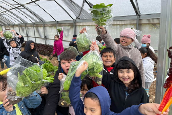 students holding lettuce
