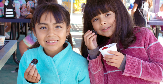 two students taste test berries